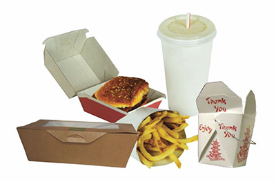 Photo of group of fast food containers: take out box, hamburger box, french fry container, Chinese take out container and fast food drink cup.